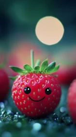 Cheerful smiling strawberry glows softly in dreamy light