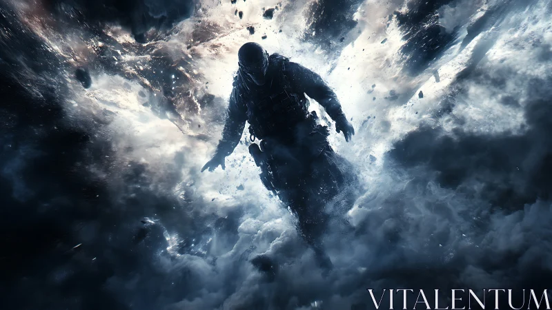 Armored soldier strides through exploding smoke storm.