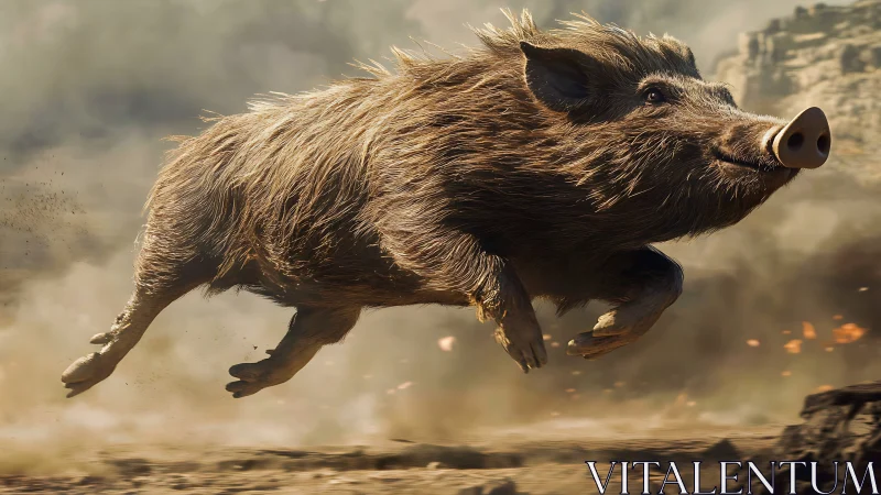 Wild boar mid-leap through dust-filled rocky landscape.
