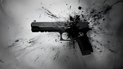 Handgun exploding into abstract black ink splatter burst.