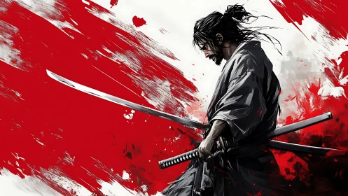 Samurai blades cut crimson storm of abstract battle.