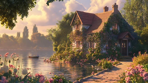 Lakeside cottage wrapped in blooming roses at golden hour.