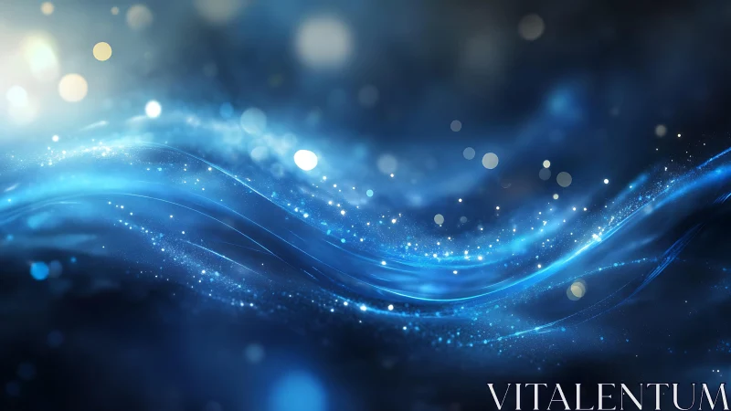 Abstract blue light waves with glowing particles, digital art style.