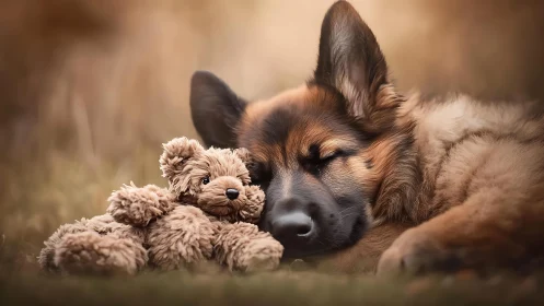 Sleeping shepherd puppy cuddles a worn teddy bear softly