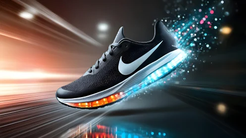 Futuristic Black Nike Running Shoe With Glowing Sole in Motion.