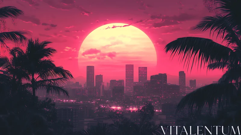 Neon magenta sun setting behind tropical city skyline.