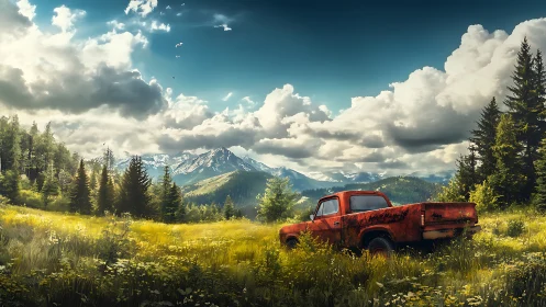 Rusty red pickup rests under towering alpine clouds.
