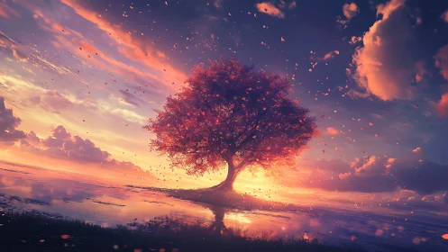 Sunset tree of quiet dreams glowing above gentle water.