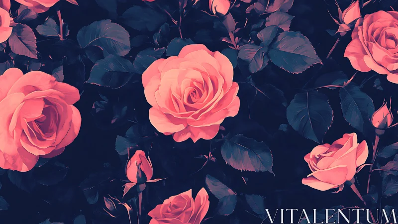 Pink rose flowers arranged against dark blue background.