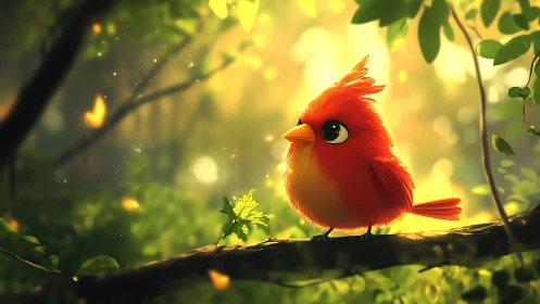 Cute Red Cartoon Bird on Branch in Sunlit Forest, Whimsical Style.