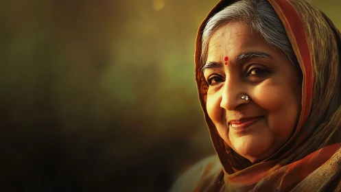 Elderly Indian Woman Smiling in Warm Traditional Portrait Style.