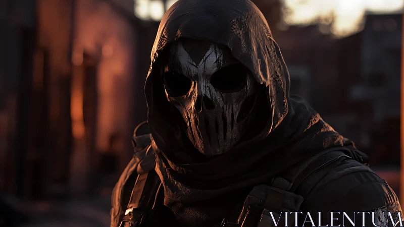Hooded skull operative stalking war-torn streets at dusk.