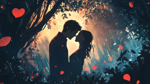 Silhouetted figures in luminous forest setting with suspended red forms.