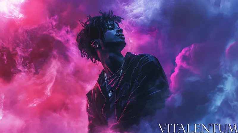 Neon-lit portrait in swirling magenta and cyan clouds.