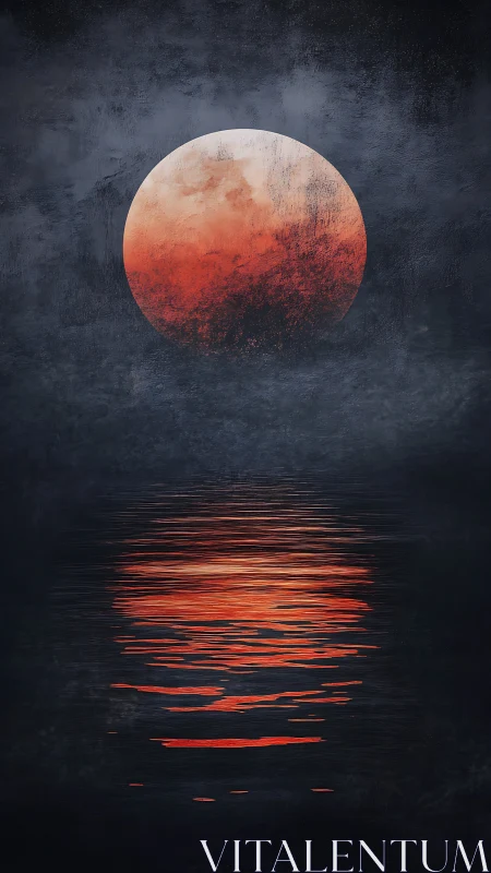 Crimson moon leans low and spills molten light on water