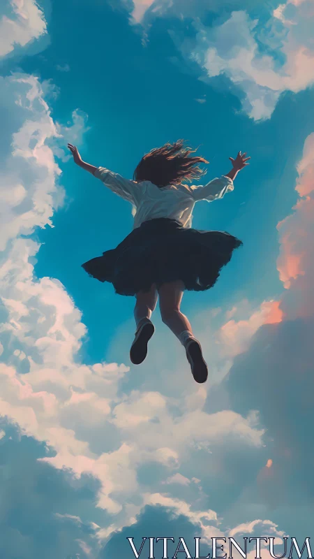 Girl in midair framed against bright blue clouded sky