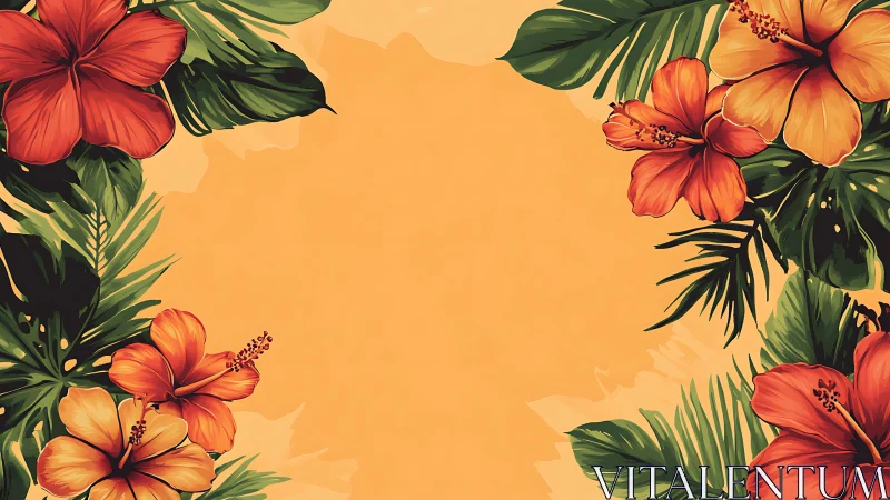 Tropical Hibiscus Floral Frame Border Against Golden Background.