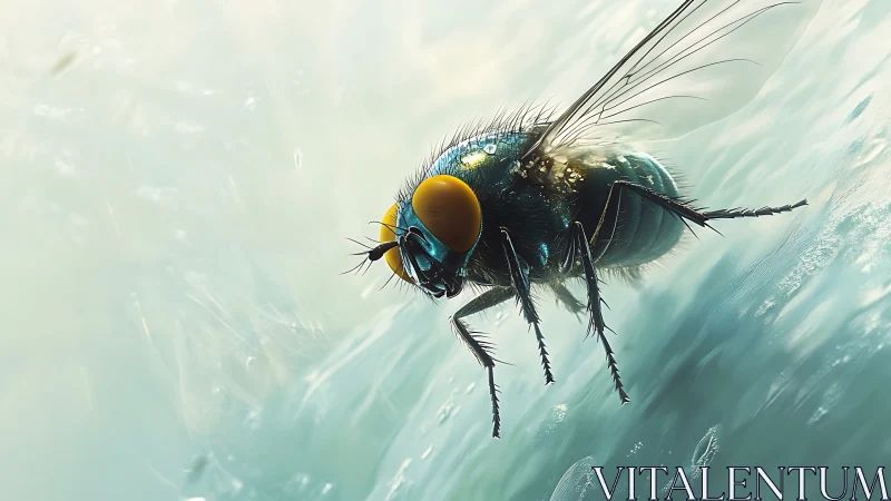 Curious close up of a jeweled fly in a soft teal glow.