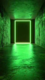 Green neon doorway in textured concrete tunnel corridor.