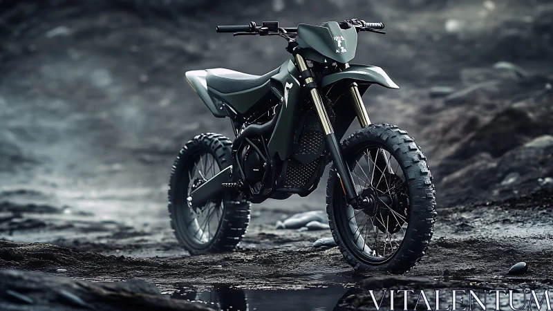 Matte black off road motorcycle on rugged wet terrain.