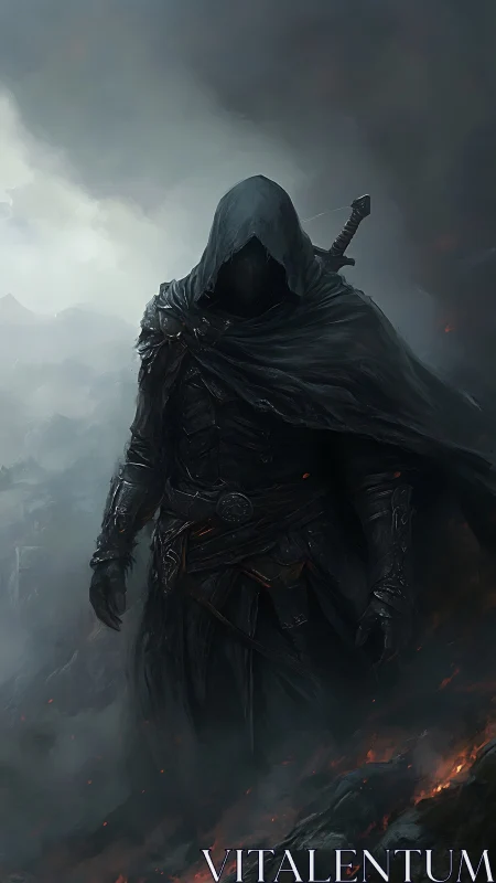 Shadowed wanderer steps calmly through storm and fading embers