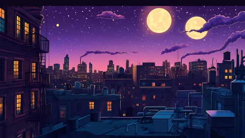 Dual-moon twilight city skyline with detailed rooftop machinery