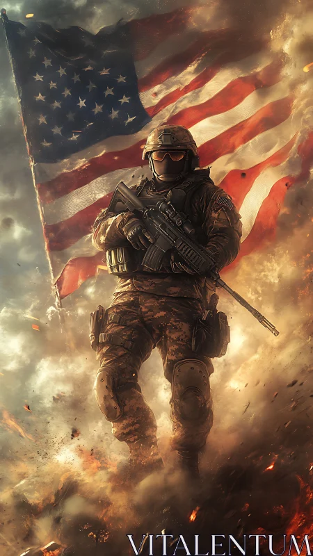 Storm-forged soldier strides beneath a burning flag sky.