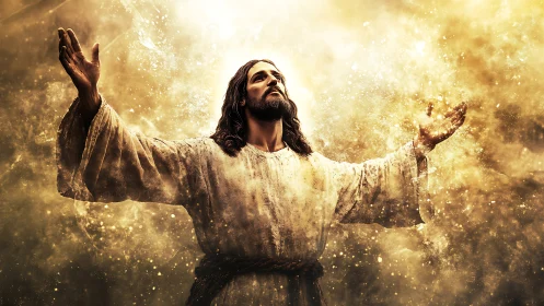 Radiant robed figure uplifting arms in golden light vision.