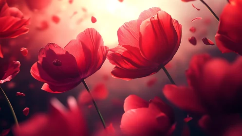 Red Tulips Backlit Against Golden Dawn Light.