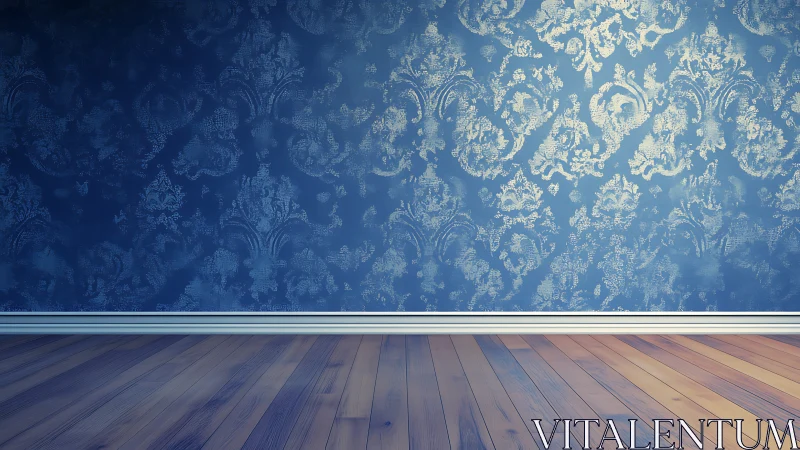 Blue damask accent wall with empty hardwood interior foreground