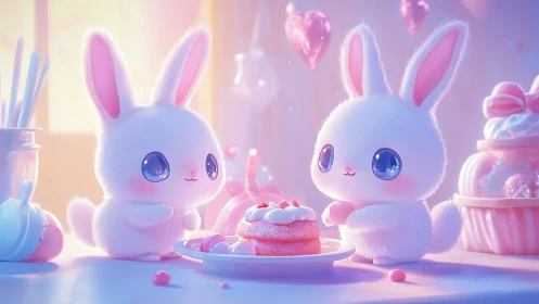 Fluffy bunnies share pastel desserts in dreamy morning light