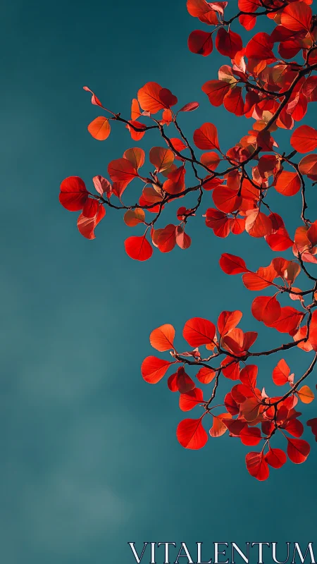 Red circular foliage branch against teal negative sky space