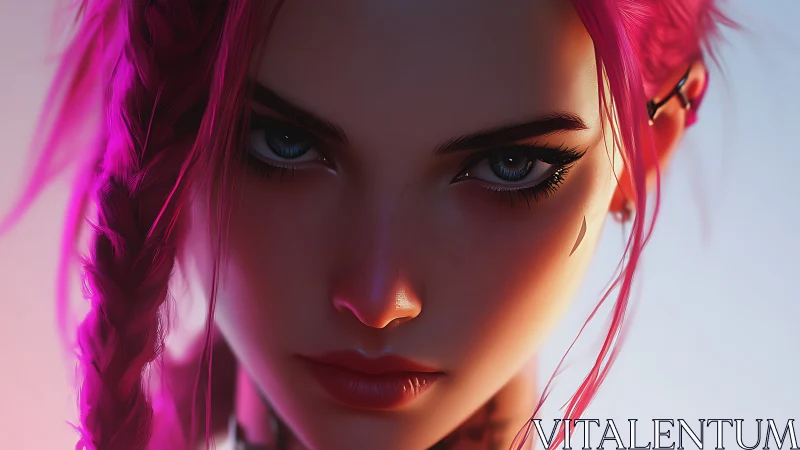 Neon-braided gaze sharpens dusk into electric resolve