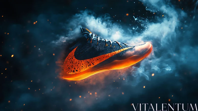 Ignited athletic shoe glows through swirling ember smoke.