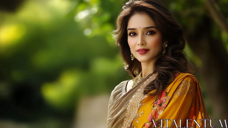Elegant woman in embroidered sari under soft daylight