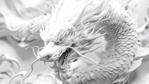 Monochrome 3D render shows detailed serpentine dragon model
