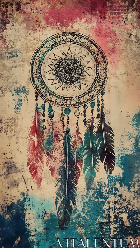 Bohemian dreamcatcher illustration on distressed grunge canvas.