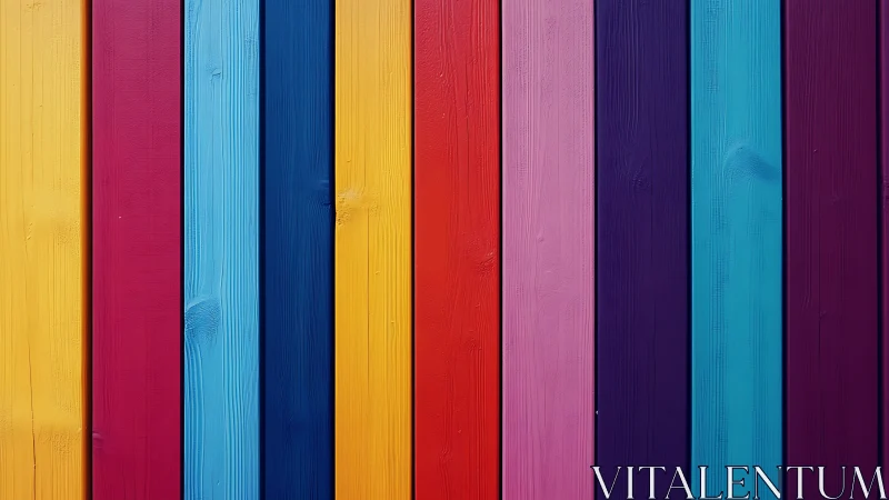 Vertical wooden planks in evenly spaced rainbow color stripes.