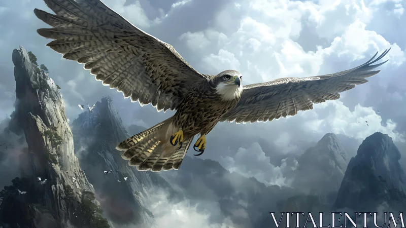 Majestic hawk soaring over dramatic mountains, digital realism style.