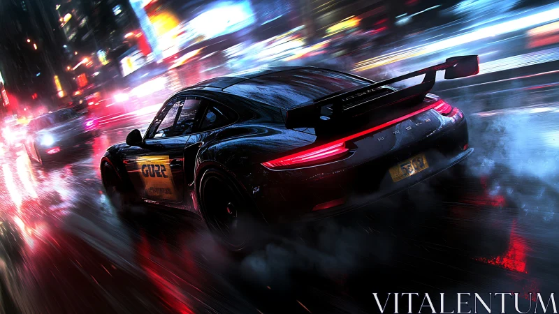 Rear view sports car on wet neon city street at night.