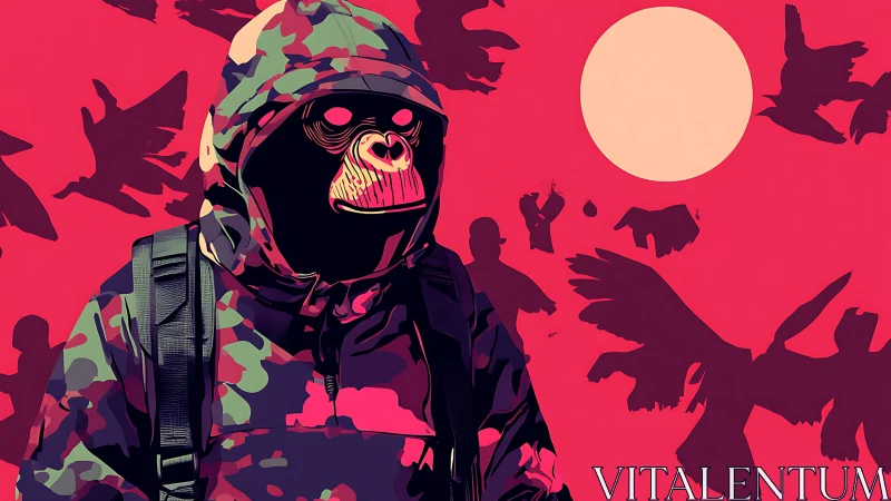 Hooded primate figure in camouflage amid silhouetted birds.