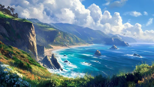 Coastal headland panorama with stratified cliffs and luminous surf