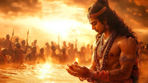 Sunlit river prayer with a serene warrior in stillness.