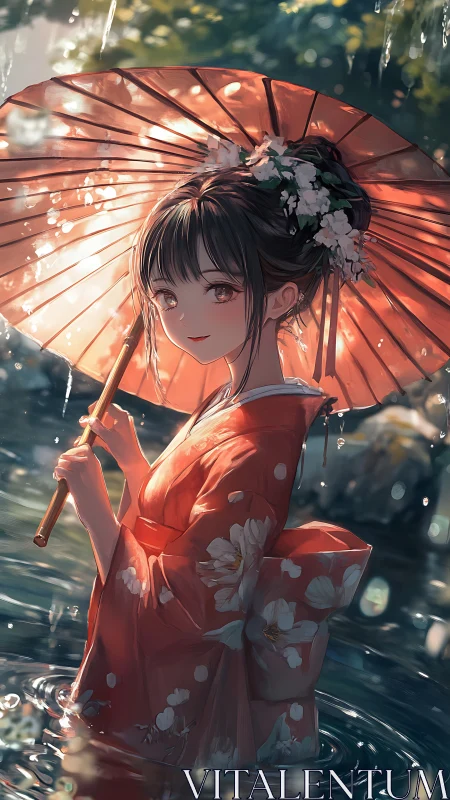 Woman in floral kimono holding umbrella in shallow water.