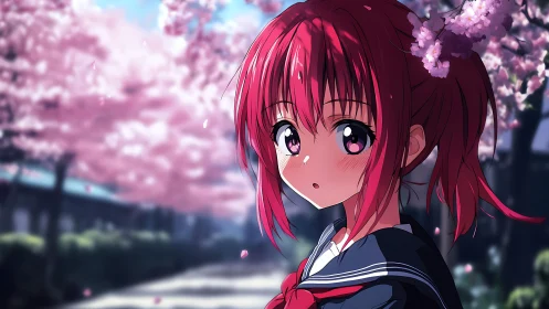 Red haired anime schoolgirl stands under blooming cherry trees