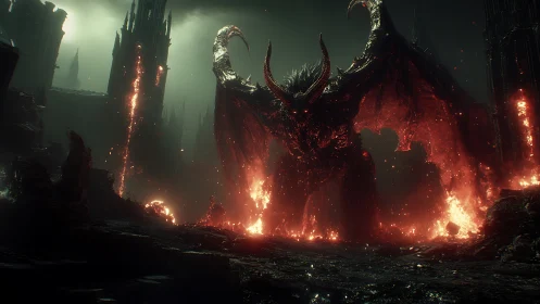 Infernal horned demon emerges amid burning gothic ruins.