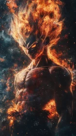 Flaming warrior carves a molten silhouette through stardust