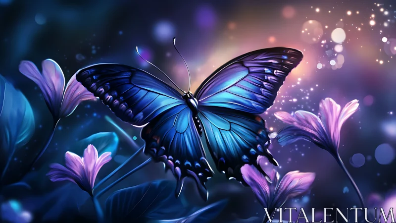 Blue butterfly over flowers in luminous bokeh garden scene.