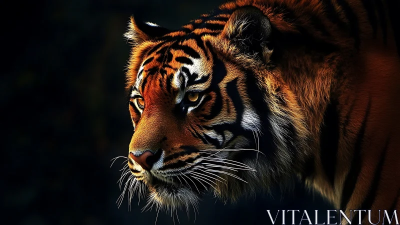 Gentle hush of a tiger’s gaze in the shadowy forest hush.