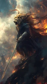 Armored lion warrior with sword amid burning battlefield.